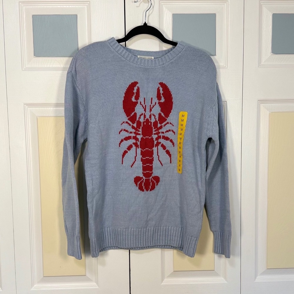 Mighty Fine Womens Light Blue Red Lobster Graphic Crewneck Sweater Medium NWT